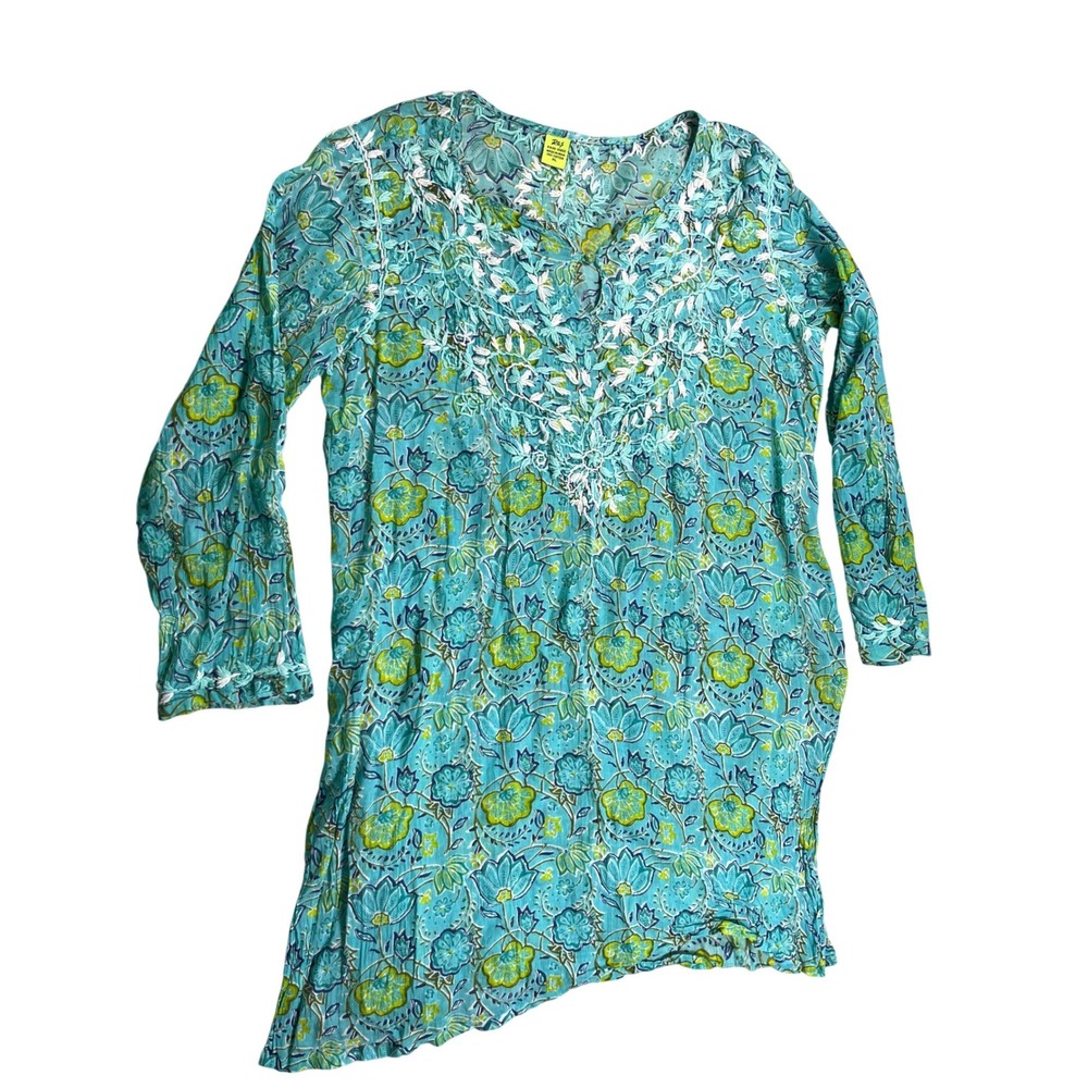 Raj India Embroidered Floral Dress XL Blue Green 100% Cotton Boho Midi
